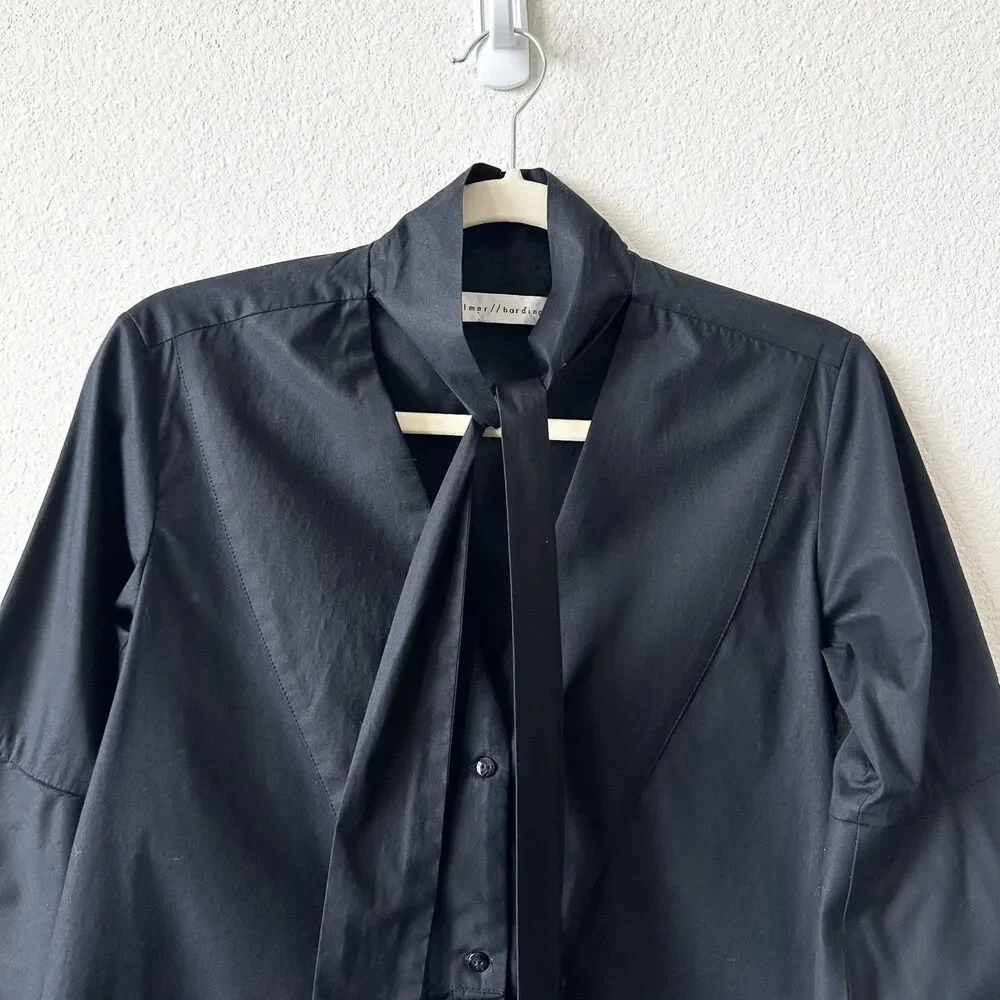 Palmer Harding Black Stretch Cotton V-neck Blouse Tie Neck Bell Sleeve Sz 0/2_6